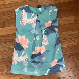Tea Collection Asian Inspired Lotus and Crane Dress Girls sz 4 EUC